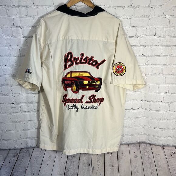 ESPN Kingpin Bristol Speed Shop Embroidered Button Bowling Shirt Size XL Relaxed - Picture 1 of 11